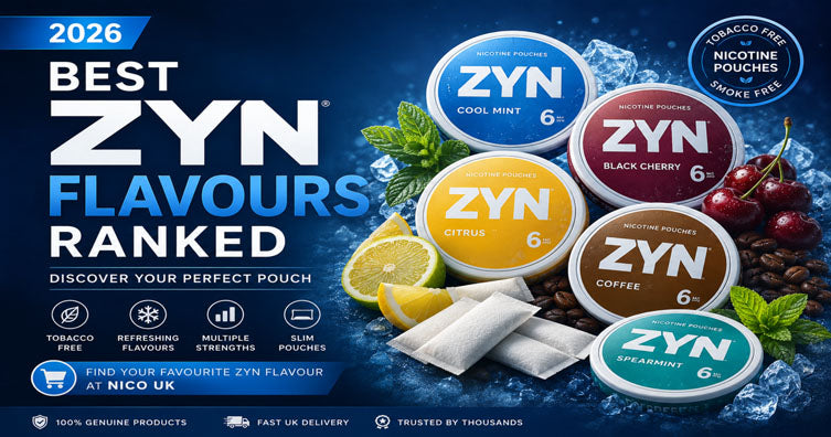 Best ZYN Flavours Ranked 2026 featuring popular ZYN nicotine pouch flavours including Cool Mint, Black Cherry, Citrus, Coffee, and Spearmint.