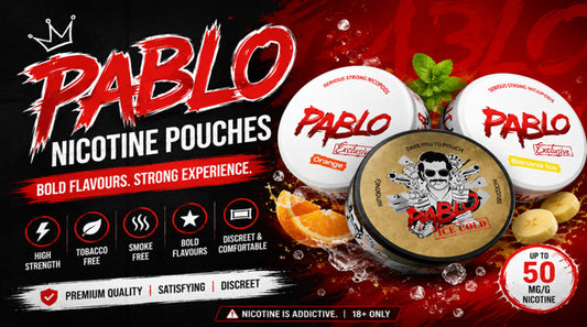 Pablo Nicotine Pouches with Ice Cold, Orange, and Banana Ice flavours highlighting tobacco-free nicotine pouches in 2026