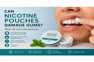 Can nicotine pouches damage gums? Illustration showing a nicotine pouch placed under the upper lip with information about gum irritation and oral health.