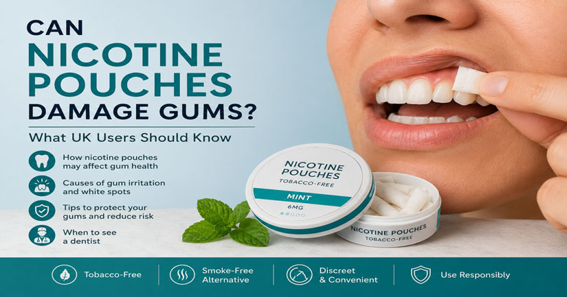 Can nicotine pouches damage gums? Illustration showing a nicotine pouch placed under the upper lip with information about gum irritation and oral health.